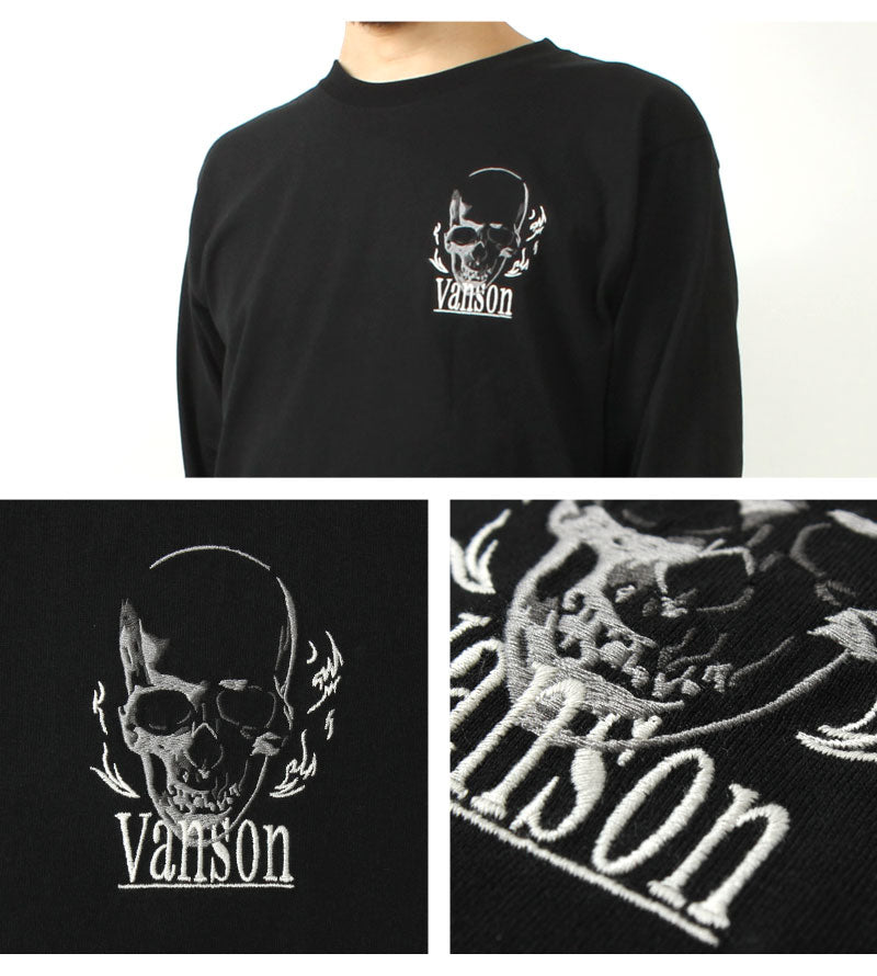 VANSON  NVLT-2514 Skull Head Embroidered Jersey Long Sleeve T-Shirt